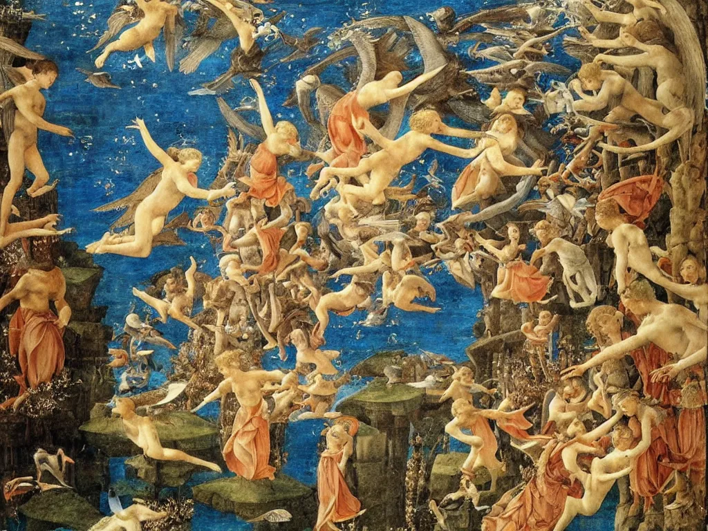 Prompt: Angel flying with the underwater animals. Painting by Fra Filippo Lippi