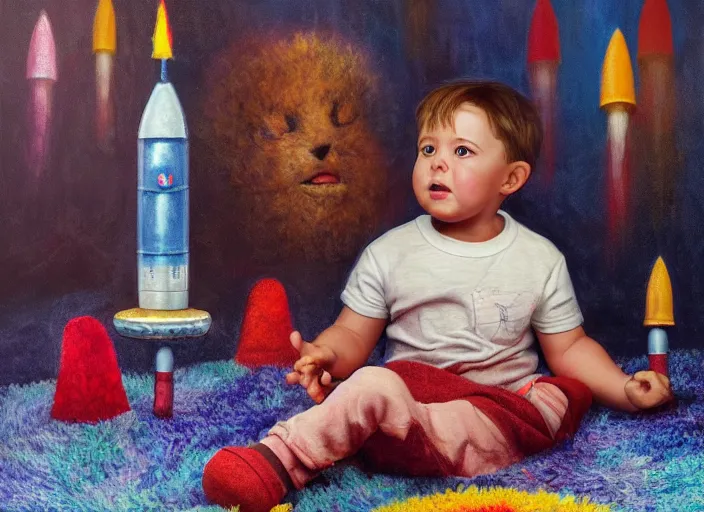 Prompt: toddler elon musk sitting on a shaggy rug playing with his big rockets, detailed face, holding a rocket, bedroom, realistic painting, beautiful lighting, istvan sandorfi