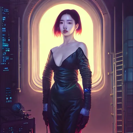 Image similar to portrait painting of sunmi as a cyberpunk technician, k - pop, ultra realistic, concept art, intricate details, eerie, highly detailed, photorealistic, octane render, 8 k, unreal engine. art by artgerm and greg rutkowski and magali villeneuve and alphonse mucha