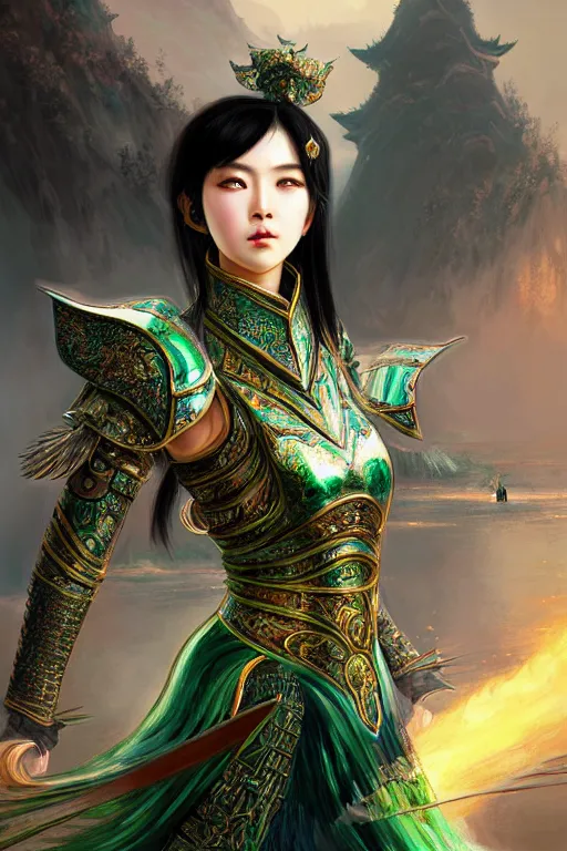 Prompt: portrait black hair young knights of Dynasty Warriors girl, metallic green armor, in ruin fire chinese palace sunrise, ssci-fi and fantasy, intricate and very beautiful and elegant, highly detailed, digital painting, artstation, concept art, smooth and sharp focus, illustration, art by tian zi and WLOP and alphonse mucha