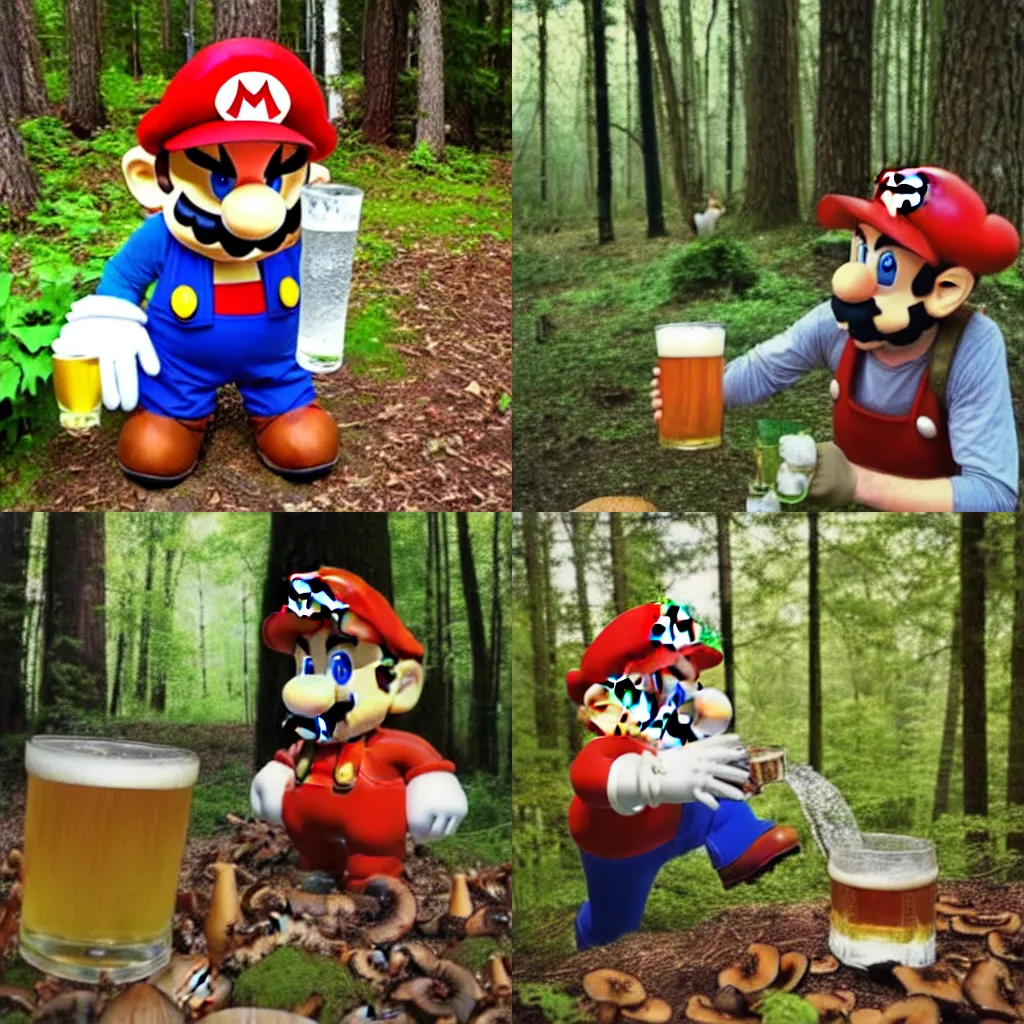 Prompt: cosplay sad drunk mario drinks beer in forest with mushrooms and big fly agaric, photo