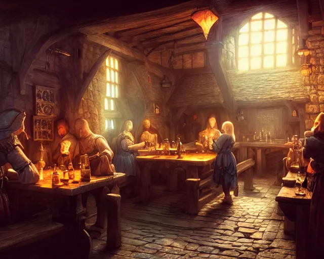 Image similar to a medieval tavern, beautiful, detailed, realistic detailed patrons, dark, concept art illustration, color page, tone mapping, akihiko yoshida, james jean, andrei riabovitchev, marc simonetti, digital illustration, greg rutowski, volumetric lighting, sunbeams, particles