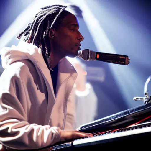 Prompt: Asap Rocky playing piano on stage during concert, highly realistic, photography, 50mm