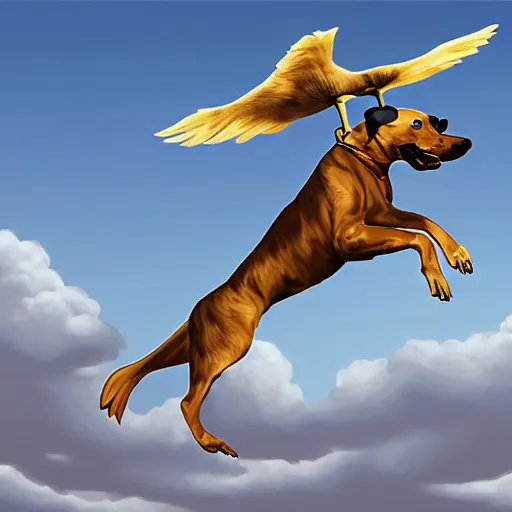 Image similar to flying dog with propeller on it's back, digital art, highly detailed