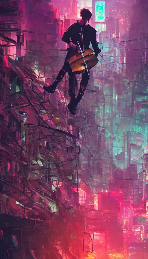 Image similar to a cellist playing in the rubble of a fallen cyberpunk city looming above him, neon color scheme, beautifully lit, concept art, sharp focus, a digital illustration by sam spratt and salvidor dali