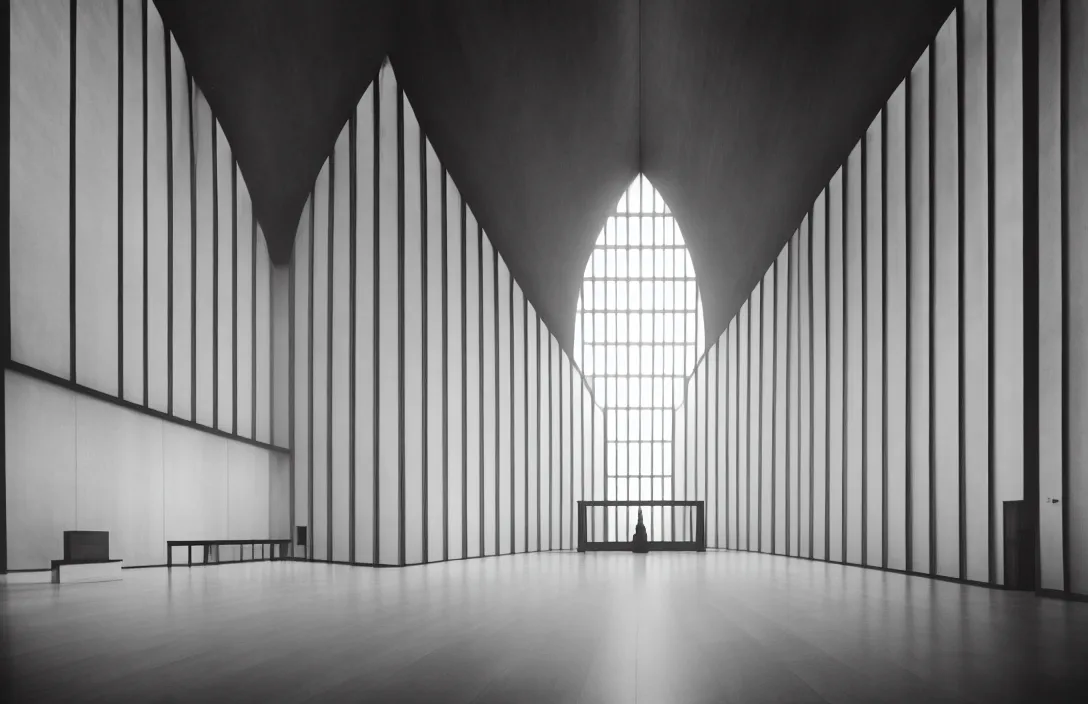 Image similar to in this church interior, vertical lines suggest spirituality, rising beyond human reach toward the heavens. directed by kurosawa fusing a dream world of imagination with closely observed reality intact flawless ambrotype from 4 k criterion collection remastered cinematography gory horror film, ominous lighting, evil theme wow photo realistic postprocessing suffolk landscape building by mies van der rohe