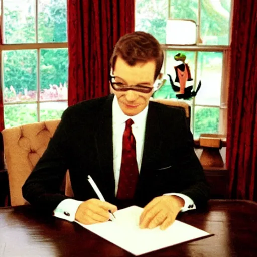 Prompt: Kermit the frog as President sitting in the Oval Office signing papers wearing a suit and tie