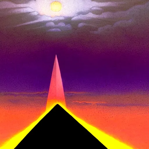 Prompt: by Moebius , landscape of mystic dark cult, monumental giant obelisk, sun light through dark clouds, purple+red+yellow colours, high quality details, one point perspective, deep depth of field