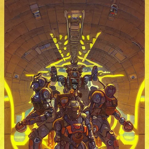 Image similar to beautifully colored detailed scifi painting of occultist scientists summoning a mobile suit, occult giant robot power armor eched with power runes by m. c. escher, beeple, greg rutkowski and alphonse mucha
