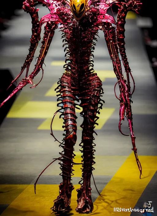 Image similar to walking down the catwalk, ben watts, show, stage, vogue photo, podium, fashion show photo, iris van herpen, beautiful woman, full body shot, helmet on face, masterpiece, plant predator, guyver, jellyfish, biomechanical details, movie still, fauvism, cinestill, bokeh, gelios lens