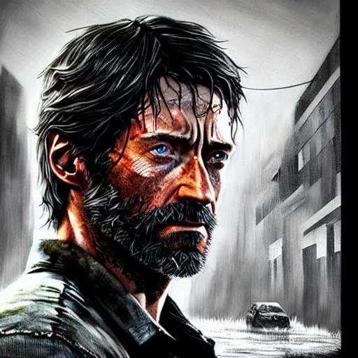 Image similar to beautiful digital art of hugh jackman as joel from the last of us, movie still from the last of us film, hdr, by artgerm