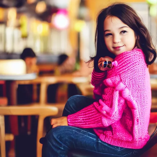 Image similar to cute girl in a pink sweater with a teddy bear sits in a cafe photo, medium shot, 8 5 mm