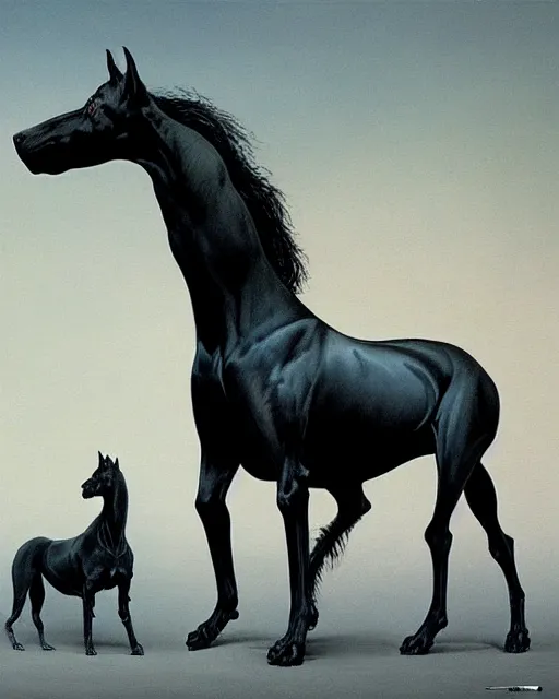 Image similar to painting of hybrid between black weimaraner & black stallion horse! & intercrossed animal, by zdzislaw beksinski, by mattias adolfsson, concept art, single object scene, beautiful composition, 8 k, wide angle shot, depth of view,