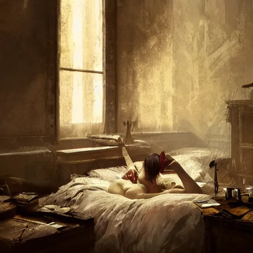 Image similar to Till Lindemann, lying in bed, blushing, A telephone receiver in hand, fantasy art by Greg Rutkowski