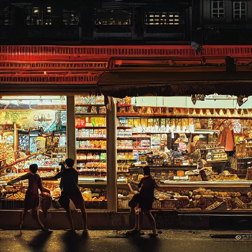 Image similar to a traditional provision shop in singapore at night, by greg rutkowski