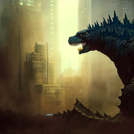 Prompt: Godzilla, trending on artstation, ultra detailed, 8k, character illustration by Greg Rutkowski, Thomas Kinkade.