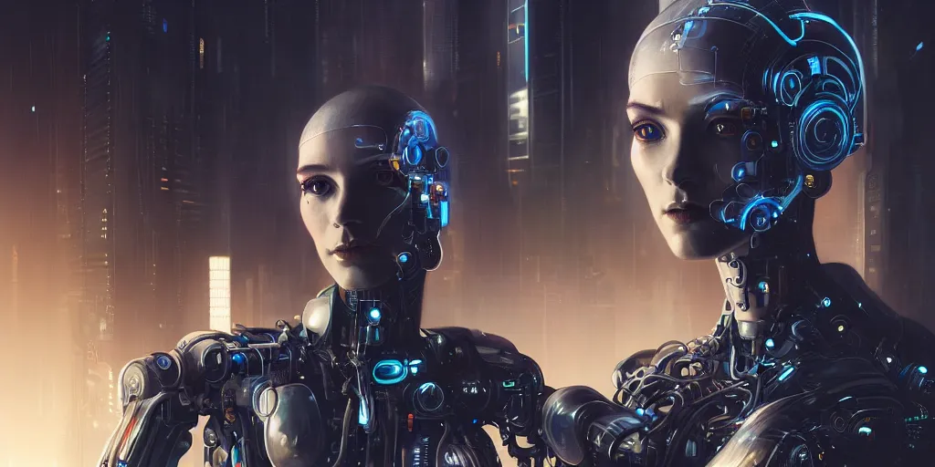 Prompt: portrait photo of a half cyborg woman looking like a robot in real life, cyberpunk, blade runner, night city background, futuristic cars, elegant, highly detailed, digital painting, artstation, concept art, cinematic lighting, illustration, art by artgerm and greg rutkowski and alphonse mucha