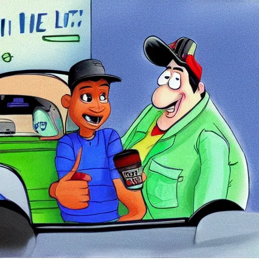 Image similar to one, two, three, four, five everybody in the car, so come on, let's ride to the liquor store around the corner the boys say they want some gin and juice but i really don't wanna, drawing by pixar