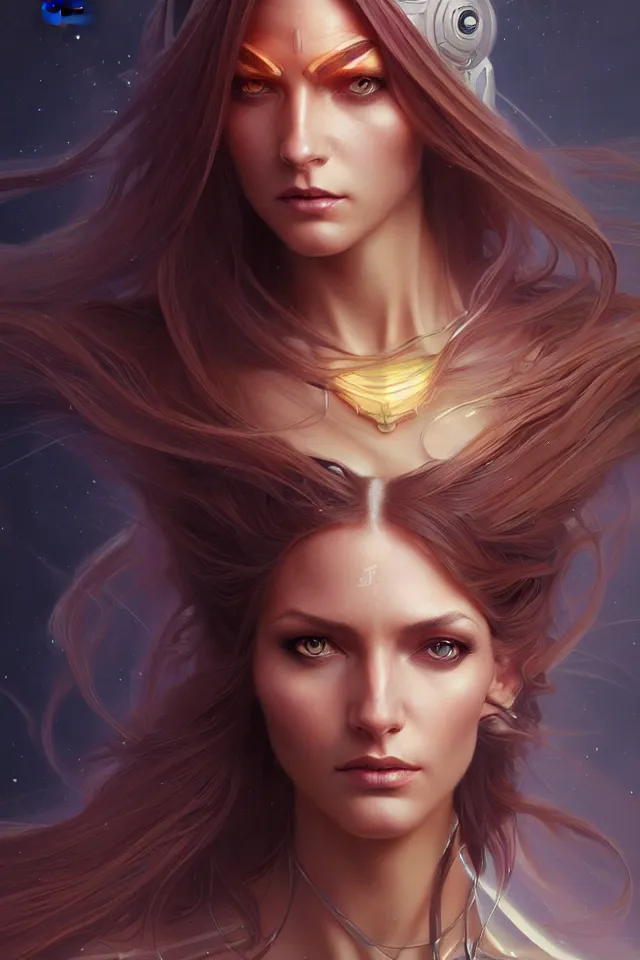 Image similar to futuristic woman portrait, sci-fi, amber eyes, face, long hair, fantasy, intricate, elegant, highly detailed, digital painting, artstation, concept art, smooth, sharp focus, illustration, art by artgerm and greg rutkowski and alphonse mucha