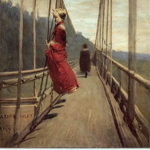 Image similar to woman traversing a suspension bridge by alfred stevens