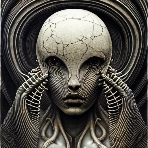 Image similar to insect, blood vessels, dystopian surrealism, art style zdzisław beksinski, giger, symmetry accurate features, very intricate details, high resolution, symmetrical long head, smooth marble surfaces, detailed ink illustration, cinematic smooth stone, deep aesthetic, concept art, carved marble texture silk cloth, latex skin, highly ornate