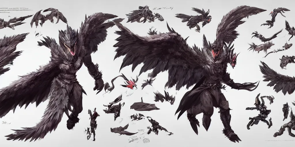 Image similar to Azure feathered winged wolf character design sheet, Monster Hunter Illustrations art book, big claws, huge wings, long tail, Moebius, Greg Rutkowski, Zabrocki, Karlkka, Jayison Devadas, Phuoc Quan, trending on Artstation, 8K, ultra wide angle, zenith view, pincushion lens effect.