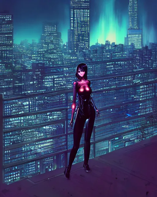 Prompt: a night rooftop scene by Liam Wong, close shot of a photorealistic beautiful half cyborg woman by Artgerm and NeoArtCorE Artgerm and NeoArtCorE Artgerm and NeoArtCorE Artgerm and NeoArtCorE on the rooftop looking at the city below, the half cyborg woman is wearing a long trench coat