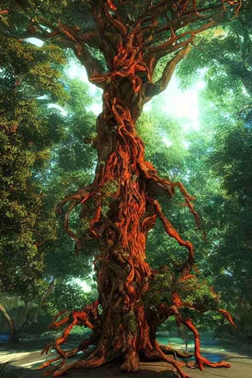 Image similar to The tree of the knowledge of good and evil, photorealistic, fantasy, unreal engine, colorful, cinematic