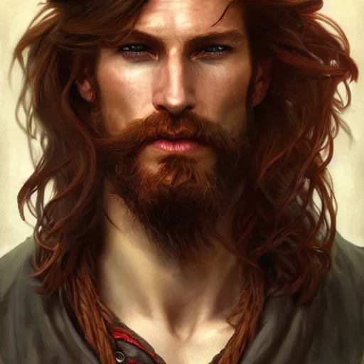 Image similar to portrait of a young ruggedly handsome but charming pirate, male, masculine, upper body, red hair, long hair, d & d, fantasy, full lips, intricate, elegant, highly detailed, digital painting, artstation, concept art, matte, sharp focus, illustration, art by artgerm and greg rutkowski and alphonse mucha