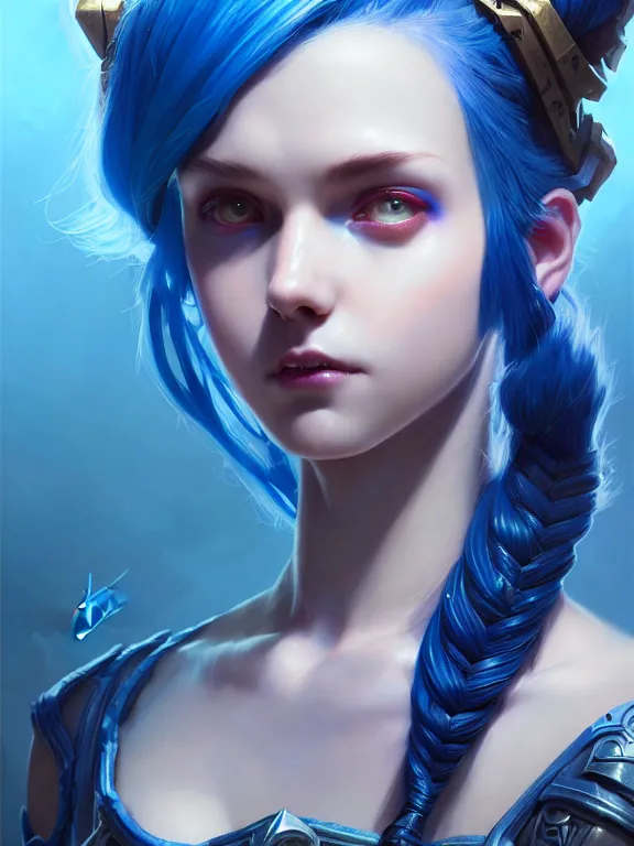 Image similar to a League of Legends FAN ART Portrait of JINX, blue hair, long pigtail, intricate, elegant, highly detailed, digital painting, concept art, smooth, sharp focus, illustration, by Laurie Greasley,Lawrence Alma-Tadema,Dan Mumford,artstation,deviantart,Unreal Engine,face enhance,8K,golden ratio,cinematic lighting