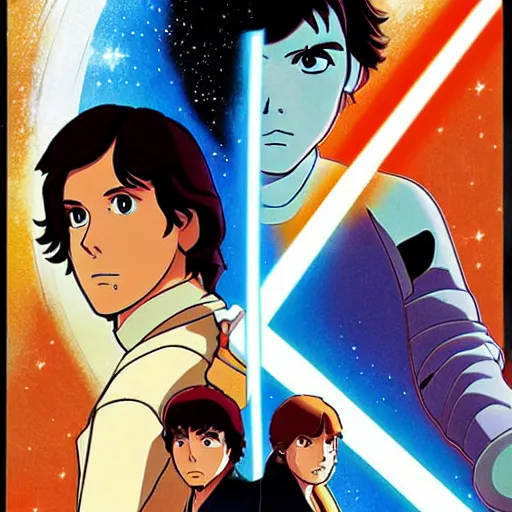 Prompt: Star Wars A New Hope poster drawn in anime style of Studio Ghibli, art, sharp focus, soft light