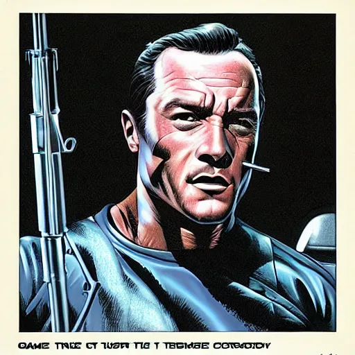 Prompt: a game art portrait, Gene Kelly as the terminator, by Steve Dillon, hyperrealism