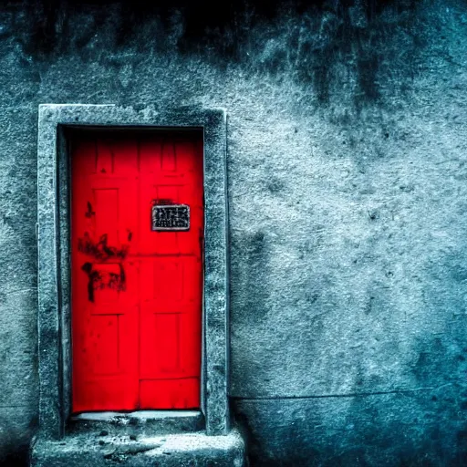 Image similar to a red door at the bottom of the ocean, ominous, deep, ethereal, dark, bubbles, marine life