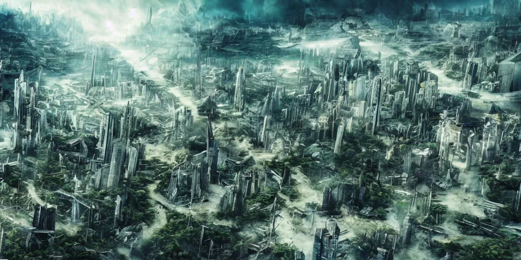 Prompt: future city attacked by forest, trees, plant, broken buildings, doom of the gods, monster, gravity mess, star trek, glory war, photograph