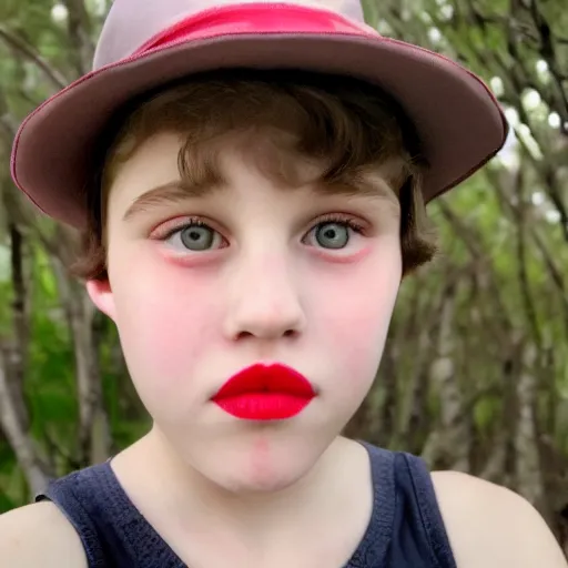 Prompt: 1 0 year old boy with big red lips, pink face, thin eyebrows, puffy cheeks, low quality, selfie