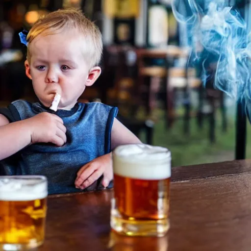 Prompt: Toddler smoking a cigarette and drinking his favorite pint in a pub after a hard day of toddling