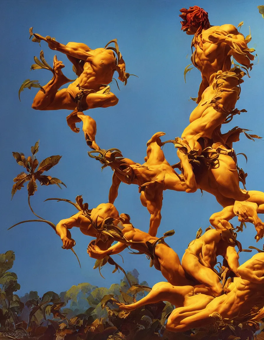 Prompt: a cowboy turning into blooms in real life. volumetric lighting, beautiful, golden hour, sharp focus, ultra detailed. bold vibrant complementary colors. by frank frazetta, kai carpenter, syd mead. tropical sea slugs. 4 k, 3 5 mm, fujifilm, sculpture by antonio canova