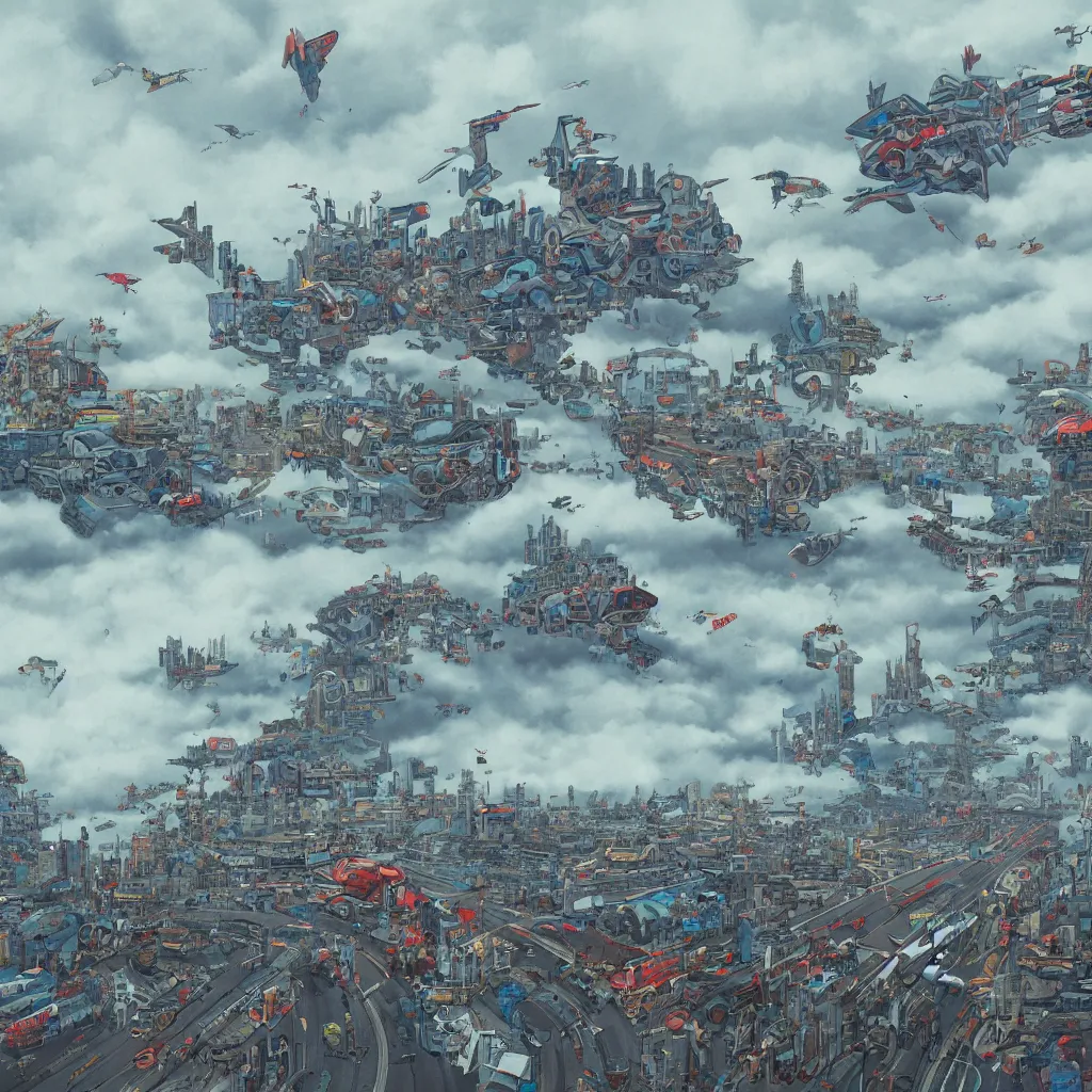 Image similar to a city in the clouds, a highway weaving through the clouds with a group of motorcycles riding down the road, by james jean