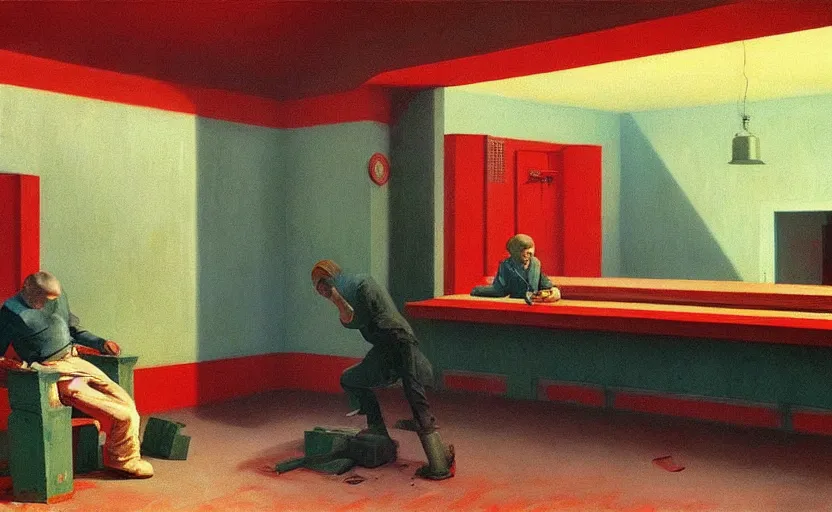 Prompt: Inside Soviet factories gulag, very coherent, painted by Edward Hopper, Wayne Barlowe, painted by James Gilleard, airbrush, art by JamesJean