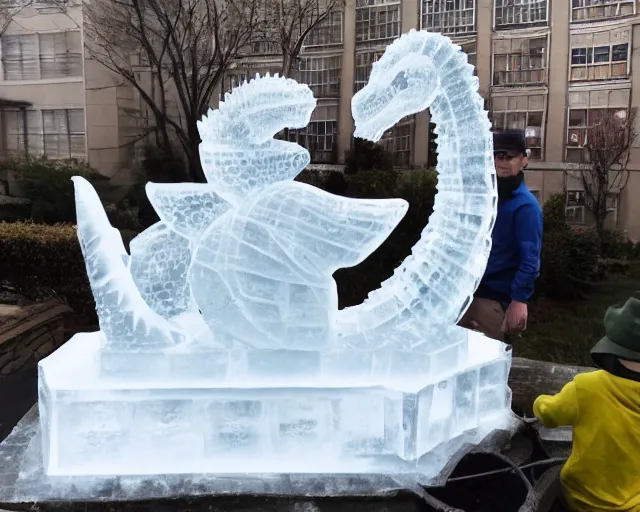 Image similar to ice sculpture inspired by a man made sculpture of a dinosaur. angels everywhere.