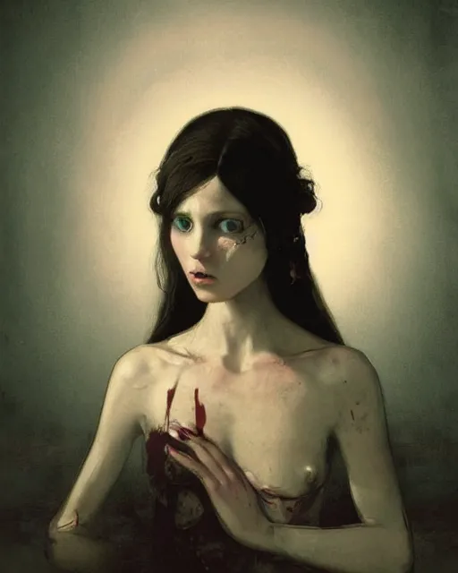 Image similar to a beautiful and eerie baroque painting of a beautiful but creepy girl in layers of fear, with haunted eyes and dark hair piled on her head, 1 9 7 0 s, seventies, wallpaper, a little blood, morning light showing injuries, delicate embellishments, painterly, offset printing technique, by brom, moebius, robert henri, walter popp