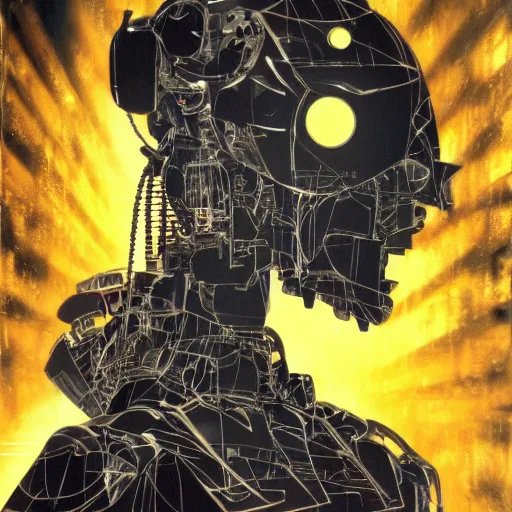 Prompt: the fullmetal neon robot sirius has a kernel without memory nor feelings, lights shaped like eyes on his chest, he believes he is a god, oil on canvas by dave mckean and yoji shinkawa