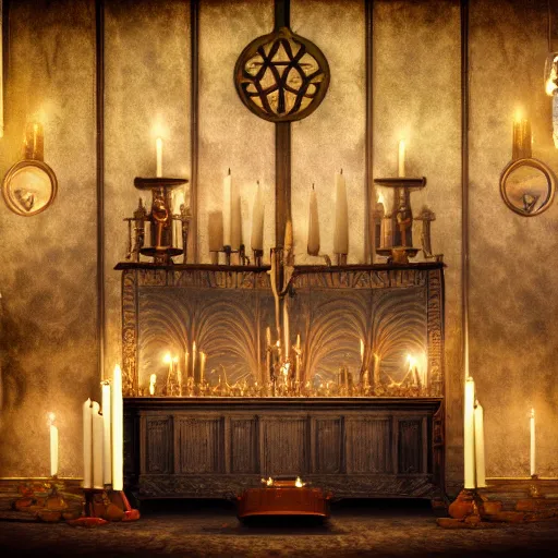 Image similar to realistic photo of an occult art nouveau room interior, old furniture, altar, candles, gloomy volumetric lights