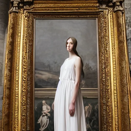 Image similar to Young lady full length shot wearing valentino resort simple sleeveless dress pale grey and white flowers in the style of baroque cyberpunk oil painting standing inside lourve, 8K, background renaissance paintings with gold