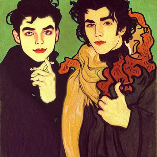 Image similar to painting of young cute handsome beautiful dark medium wavy hair man in his 2 0 s named shadow taehyung and cute handsome beautiful min - jun together at the halloween jack o lantern party, melancholy, autumn colors, elegant, painting, stylized, witchcraft, gorgeous eyes, soft facial features, delicate facial features, art by alphonse mucha, vincent van gogh, egon schiele