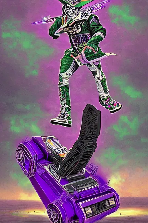 Image similar to portrait of cowboy johnny cash as purple green optimus prime power ranger from transformers surfing tonic stimulant fluids on air guitar zord UFO hoverboard, intricate, highly detailed, smooth, artstation, digital illustration by Lisa Frank and Ruan Jia and Mandy Jurgens and Artgerm and Wayne Barlowe and Greg Rutkowski and Zdislav Beksinski