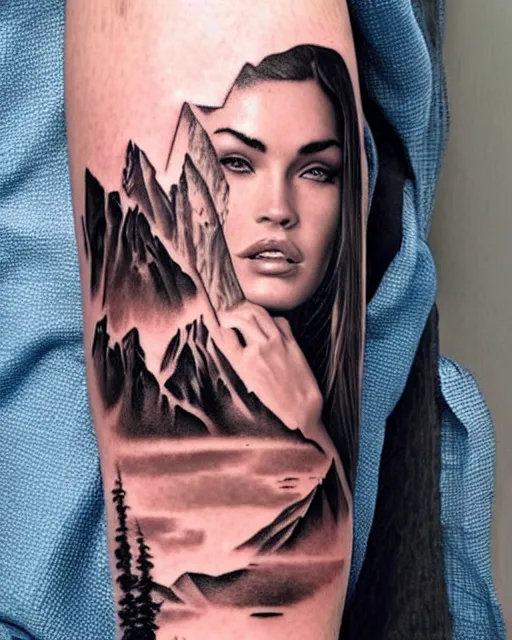 Image similar to creative double exposure effect tattoo design sketch of megan fox with beautiful mountains, realism tattoo, in the style of andrey lukovnikov, amazing detail, sharp