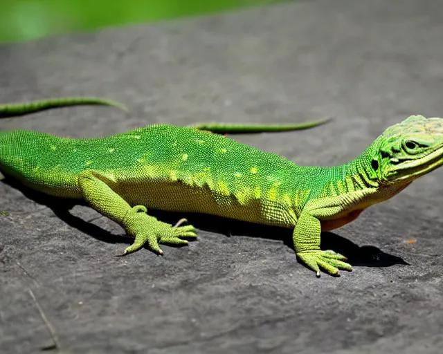 Prompt: humanoid lizard sunbathing, relaxed reptile basking in the sun, reptilian humanoid with a slight smile of contentment.