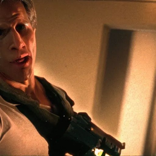 Image similar to Live Action Still of Jerma in Die Hard, real life, hyperrealistic, ultra realistic, realistic, highly detailed, epic, HD quality, 8k resolution, body and headshot, film still