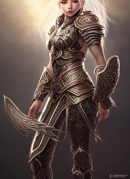 Image similar to warrior, intricate ornate opal heavy armor!!! beautiful and athletic white hair female!! gorgeous face and eyes!! character concept art, sharp focus, octane render! unreal engine 5! highly rendered!! trending on artstation!! detailed linework!! illustration by artgerm, wlop, and chie yoshii